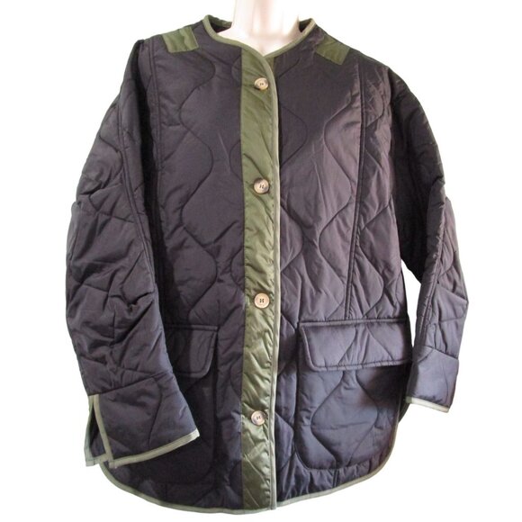 Aaron Amber Small Quilted Nylon Jacket Black Green Button Front NY Co New - Picture 12 of 16